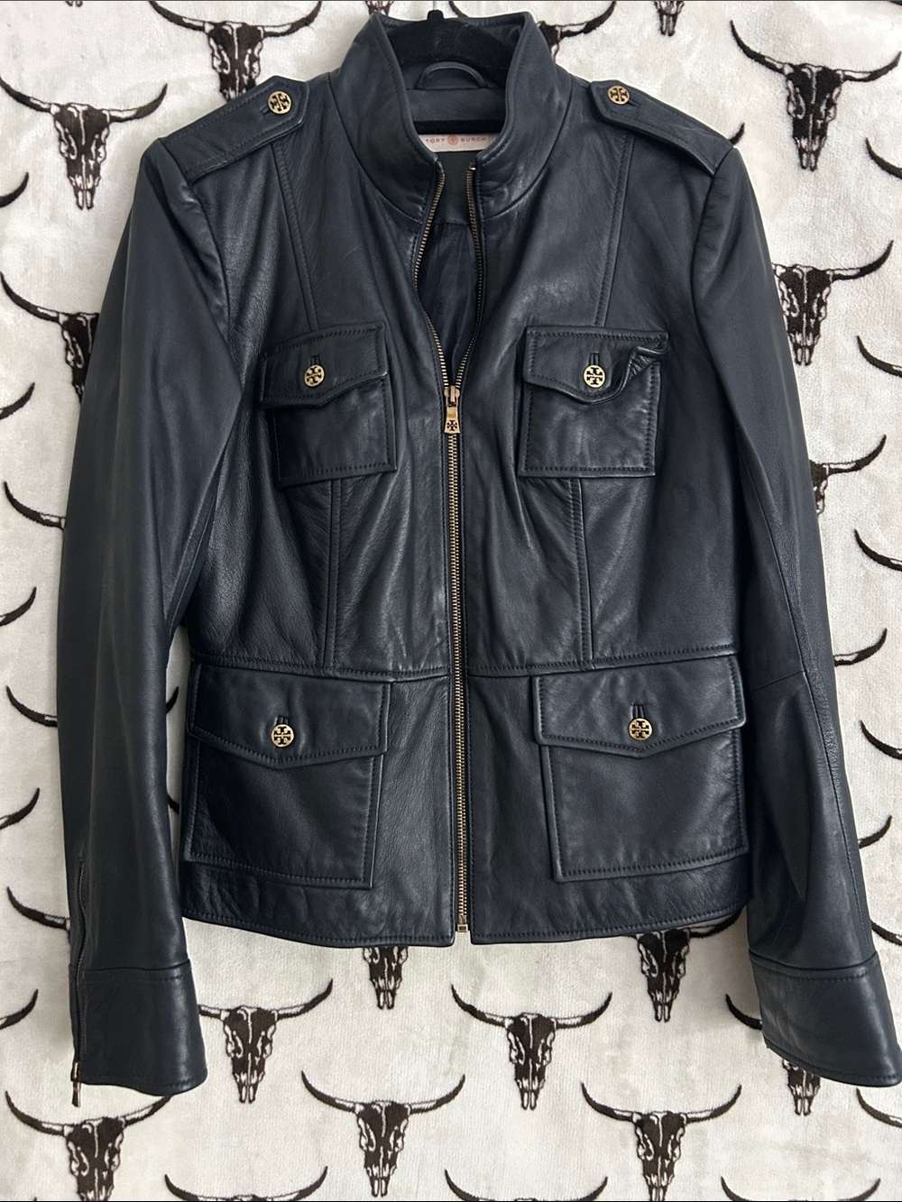 Tory Burch Navy Blue Genuine Leather Military Utility Jacket Size 8
